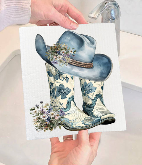 Western Blue & White Cowboy Boots Swedish Dishcloth (Avery Lane Gifts)