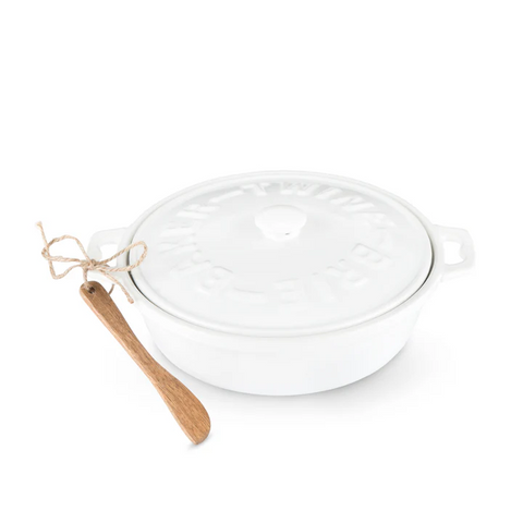White Ceramic Brie Baker & Lid w/ Acacia Spreader (Twine)