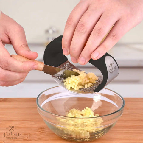 Garlic Press Rocker With Silicone Peeler & Scraper Set: Black (Zulay)