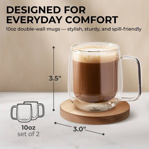 10oz Glass Coffee Mugs. Double-Wall Borosilicate Glass (Kaffe)