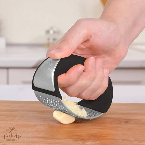 Garlic Press Rocker With Silicone Peeler & Scraper Set: Black (Zulay)