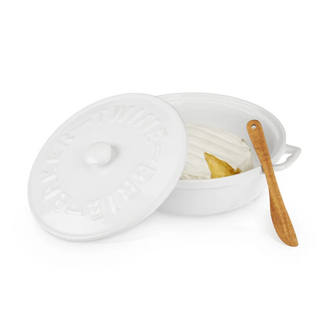 White Ceramic Brie Baker & Lid w/ Acacia Spreader (Twine)
