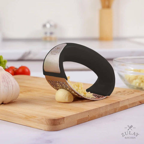 Garlic Press Rocker With Silicone Peeler & Scraper Set: Black (Zulay)
