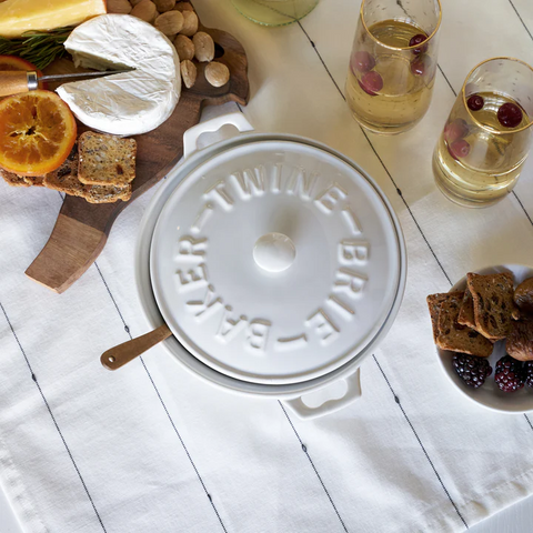 White Ceramic Brie Baker & Lid w/ Acacia Spreader (Twine)