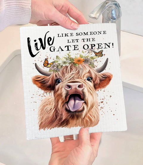 Highland Cow Live Life Gate Open Swedish Dish Cloth (Avery Lane Gifts)