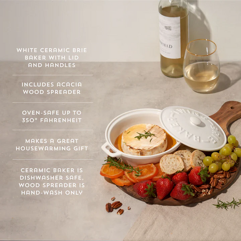 White Ceramic Brie Baker & Lid w/ Acacia Spreader (Twine)