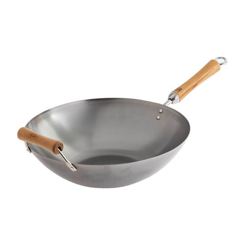 14-In Carbon Steel Flat Bottom Wok, Birch Handles (Kitchen Supply)