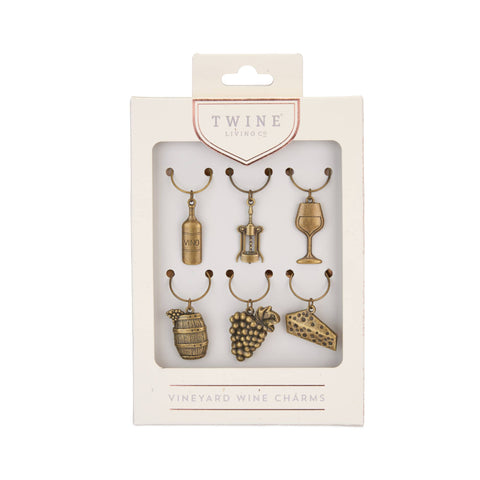 Antique Gold-Finished Vineyard Themed Wine Charms 6pcs (Twine)