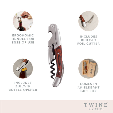 Rosewood Handle Double-Hinged Corkscrew w/ Wood Gift Box (Twine)