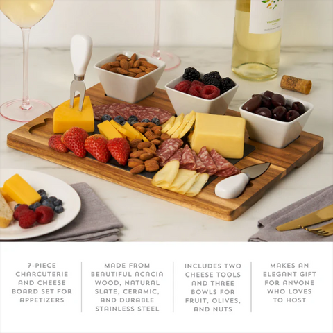 Acacia & Slate Cheese Board Set with Ceramic Bowls (Twine)