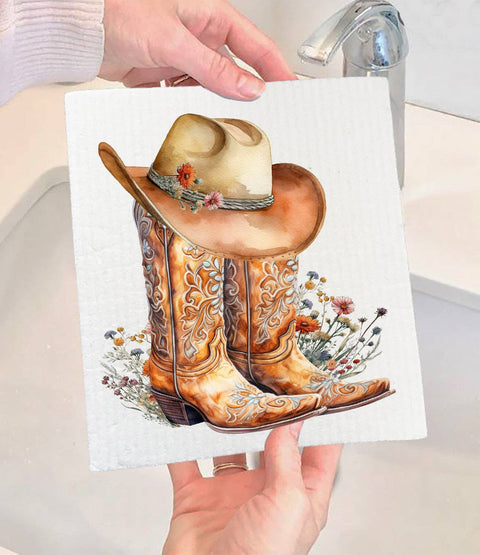 Western Cowboy Boots Country Flowers Swedish Dishcloth (Avery Lane Gifts)