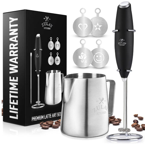 Milk Frother Pitcher Stencil Stirrer Set - Black (Zulay)