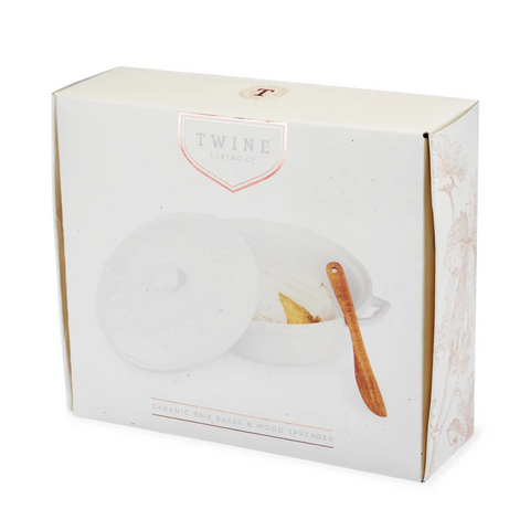 White Ceramic Brie Baker & Lid w/ Acacia Spreader (Twine)