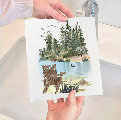 Chair Pointed at Lake and Mountains Swedish Dish Cloth (Avery Lane Gifts)
