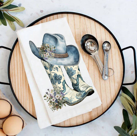Tea Towel Western Blue & White Cowboy Boots (Avery Lane Gifts)