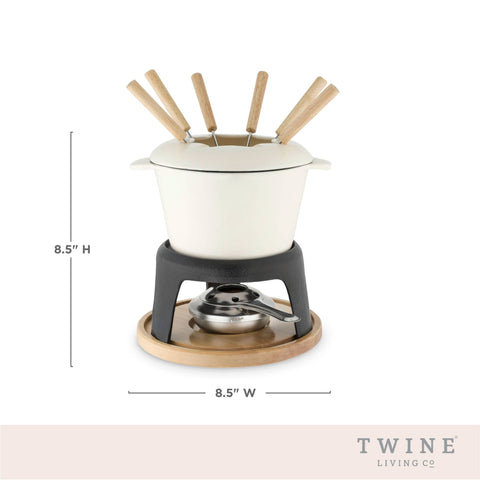Enamel Coated-Finish Cast Iron Fondue Set: White / Cast Iron / Wood (Rubber) (Twine)