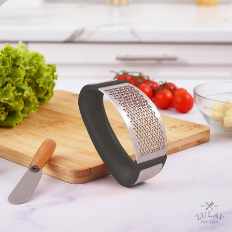 Garlic Press Rocker With Silicone Peeler & Scraper Set: Black (Zulay)