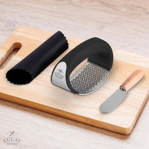 Garlic Press Rocker With Silicone Peeler & Scraper Set: Black (Zulay)