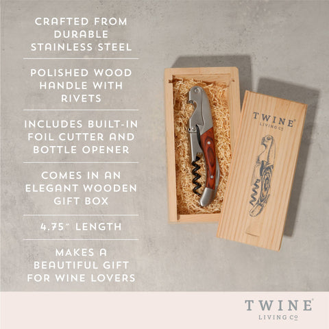 Rosewood Handle Double-Hinged Corkscrew w/ Wood Gift Box (Twine)