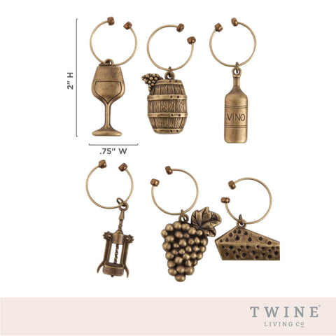 Antique Gold-Finished Vineyard Themed Wine Charms 6pcs (Twine)