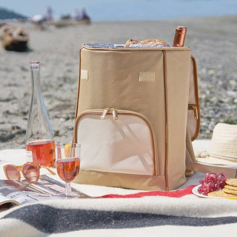 Insulated Wine Cooler Backpack w/ Corkscrew - Beige (Twine)