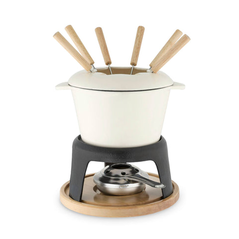 Enamel Coated-Finish Cast Iron Fondue Set: White / Cast Iron / Wood (Rubber) (Twine)