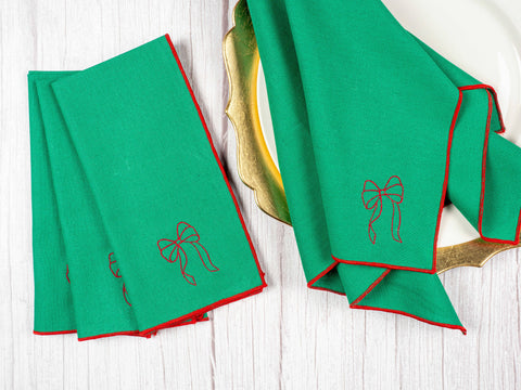 Green Linen Napkins with Red Bow (Dot and Army)