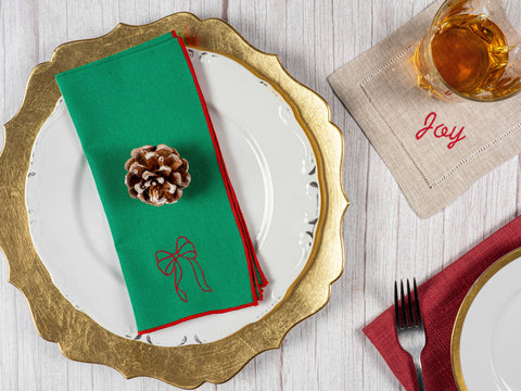 Green Linen Napkins with Red Bow (Dot and Army)