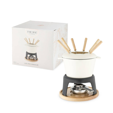 Enamel Coated-Finish Cast Iron Fondue Set: White / Cast Iron / Wood (Rubber) (Twine)