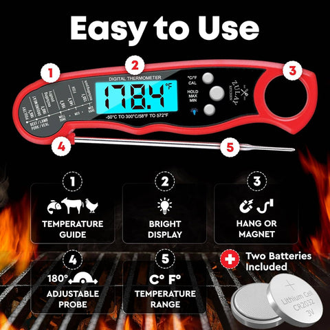 Instant Read Digital Meat Thermometer with Probe: Red/Black (Zulay Kitchen)