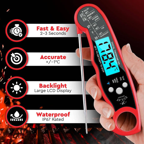 Instant Read Digital Meat Thermometer with Probe: Red/Black (Zulay Kitchen)