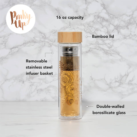 Blair Insulated Glass Travel Mug w/ Tea Infuser - Bouqet (Pinky Up)
