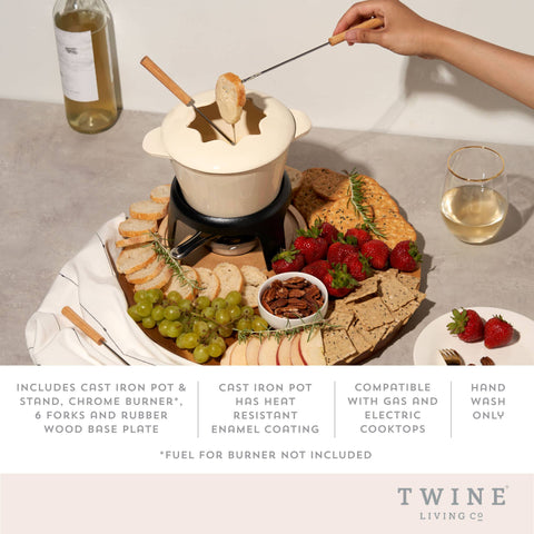 Enamel Coated-Finish Cast Iron Fondue Set: White / Cast Iron / Wood (Rubber) (Twine)