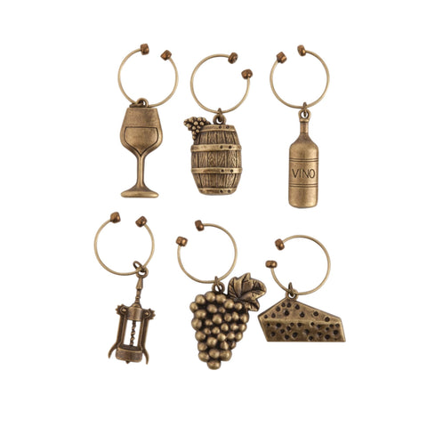 Antique Gold-Finished Vineyard Themed Wine Charms 6pcs (Twine)