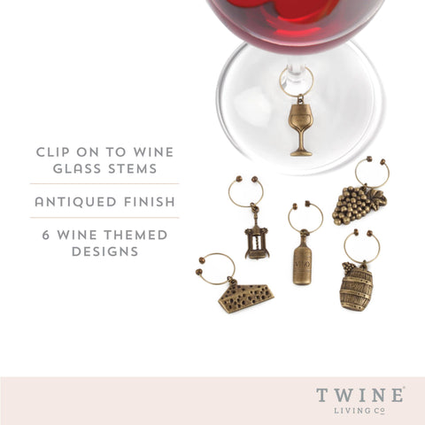 Antique Gold-Finished Vineyard Themed Wine Charms 6pcs (Twine)