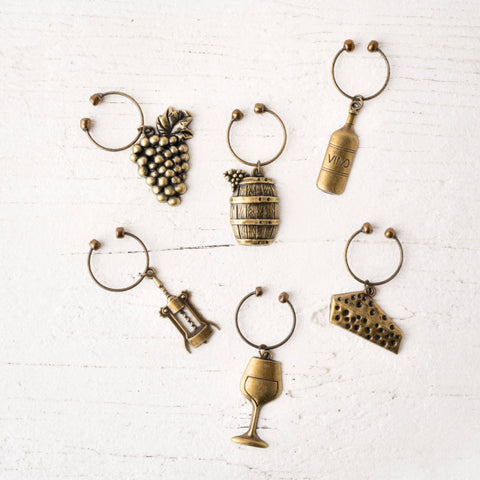 Antique Gold-Finished Vineyard Themed Wine Charms 6pcs (Twine)